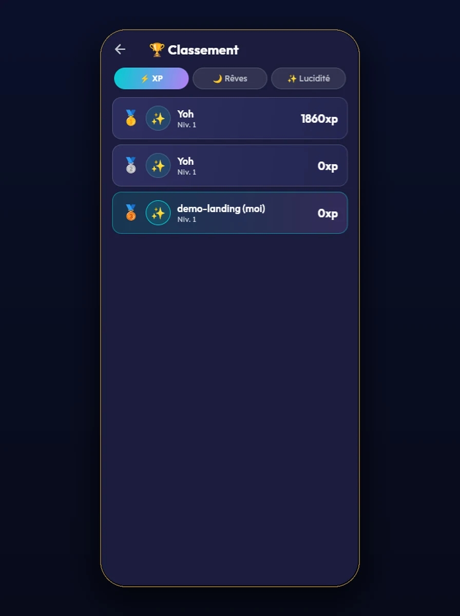 Capture d'écran de l'app : le classement avec ses trois onglets XP, Rêves et Lucidité.