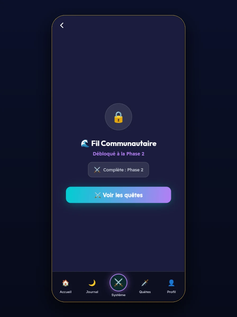 Capture d'écran de l'app : le fil communautaire, verrouillé jusqu'à la Phase 2.