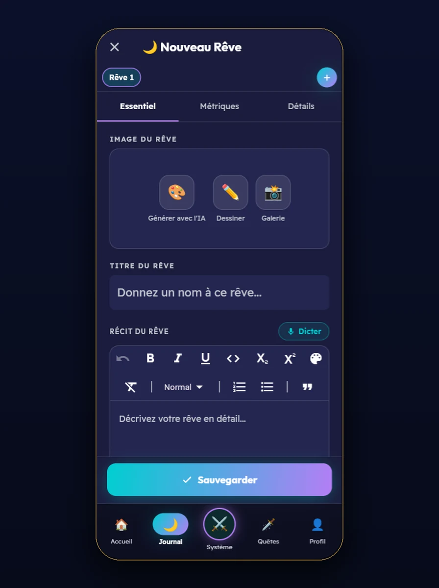 Capture d'écran de l'app : la page Nouveau Rêve du journal.