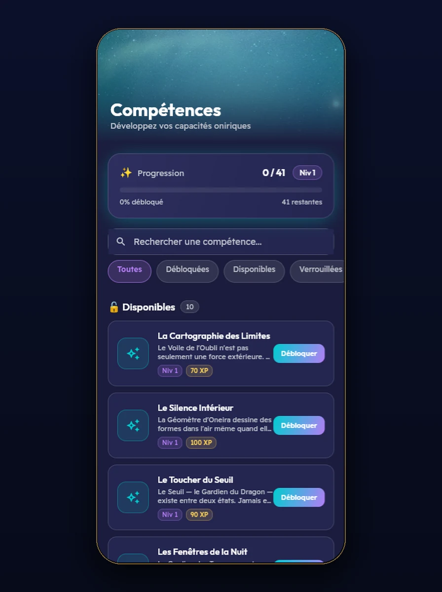 Capture d'écran de l'app : la page Compétences avec la progression et les capacités à débloquer.