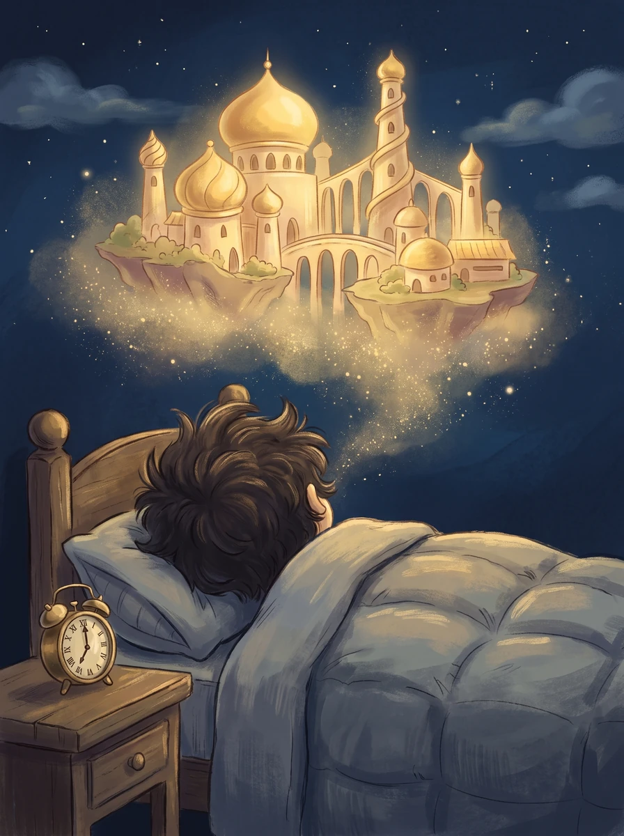 Illustration : un dormeur vu de dos dans une chambre sombre ; au-dessus du lit, une cité de rêve dorée se dissout en particules lumineuses.